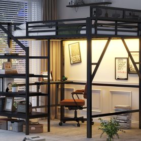 Metal Full Size Loft Bed With Foldable Desk,Light Strip, Staircase Storage And Charging Station