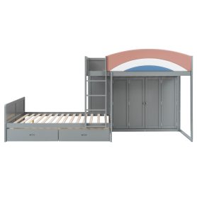 Full Size Offset Bunk Bed with Wardrobe & Drawers, Upholstered Guardrail, Built-in Hanging Rod