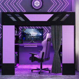 Full Size Wood Loft Bed with Shelves, Blackout Curtains and RGB Lights