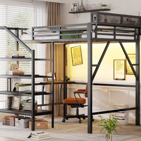 Metal Full Size Loft Bed With Foldable Desk,Light Strip, Staircase Storage And Charging Station