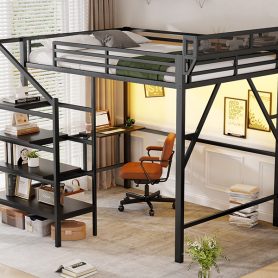Metal Queen Size Loft Bed With Foldable Desk,Light Strip, Staircase Storage And Charging Station