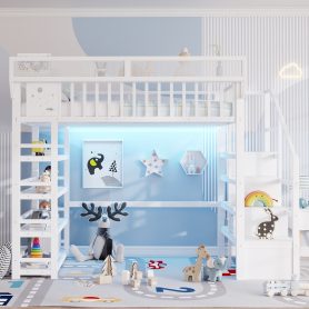 Metal Full Loft Bed with 4 Shelf Storage Rack and Charging Station