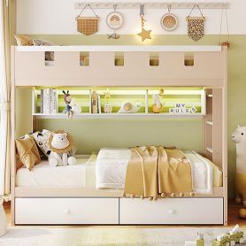Twin Size Castle Style Bunk Bed with 2 Drawers, Shelf and LED Light