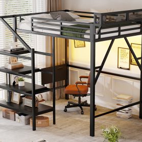 Metal Full Size Loft Bed With Foldable Desk,Light Strip, Staircase Storage And Charging Station