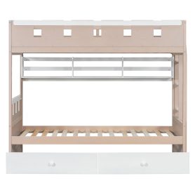 Twin Size Castle Style Bunk Bed with 2 Drawers, Shelf and LED Light