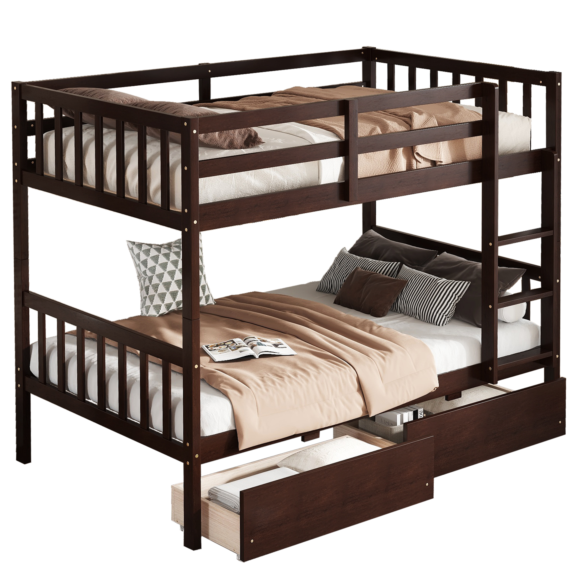Twin Over Twin Rubber Wood Bunk Bed With 2 Drawers, Ladder And Safety Guardrails 26 Twin Over Twin Rubber Wood Bunk Bed With 2 Drawers, Ladder And Safety Guardrails