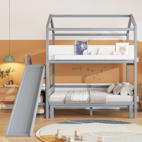 House-Shaped Wooden Bunk Bed with Slide & Storage Staircase
