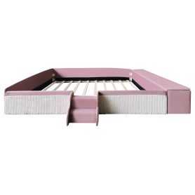 King Size Velvet Upholstered Daybed with Stairs & Gas Lift Storage Ottoman, Contrast Color, Padded Guardrails