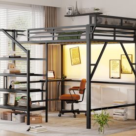 Metal Queen Size Loft Bed With Foldable Desk,Light Strip, Staircase Storage And Charging Station