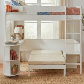 Full Size Wood Loft Bed with Desk, Bedside Storage Shelf, Sofa and Light