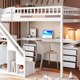Full Size Loft Bed with Two Chest of Drawers, Desk and Light Strip
