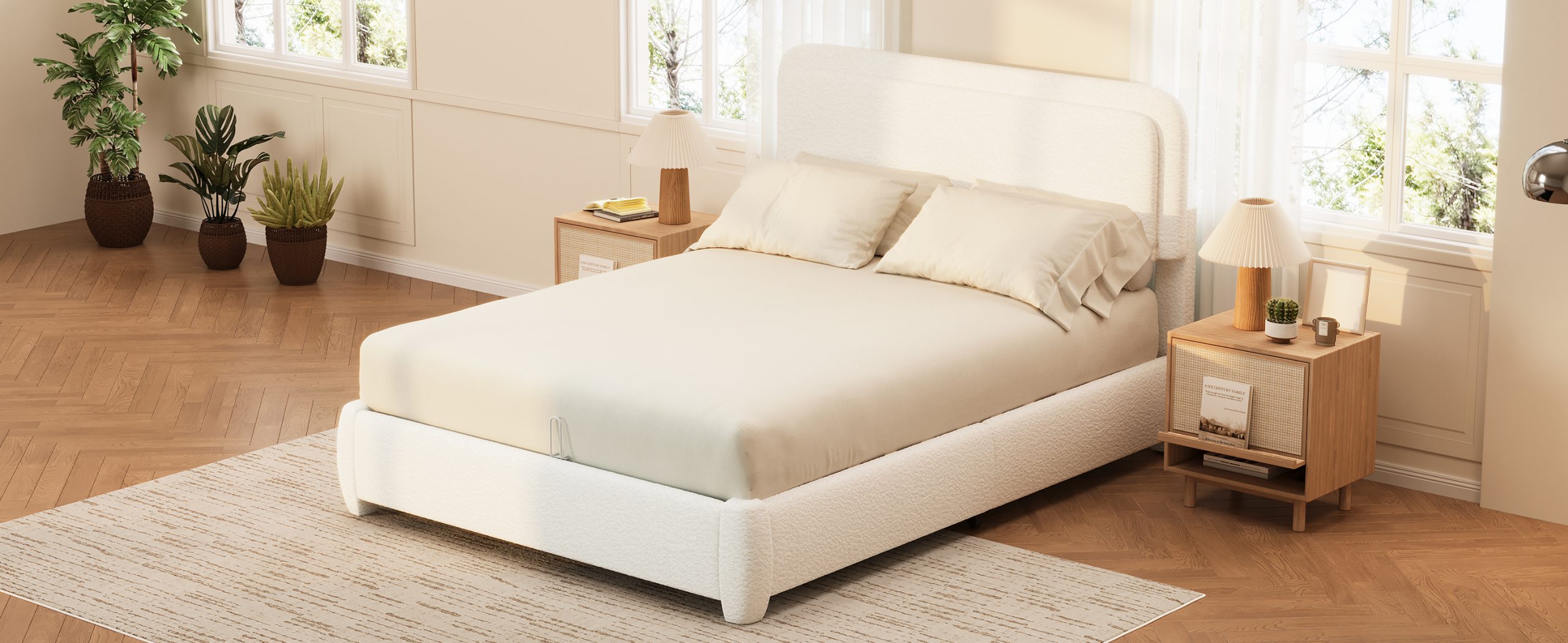 Boucle Queen Bed Frame with Adjustable Height Headboard 21 Boucle Queen Bed Frame with Adjustable Height Headboard