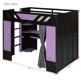 Full Size Wood Loft Bed with Shelves, Blackout Curtains and RGB Lights