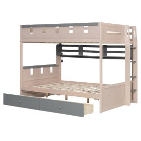 Full Size Castle Style Bunk Bed with 2 Drawers, Shelf and LED Light