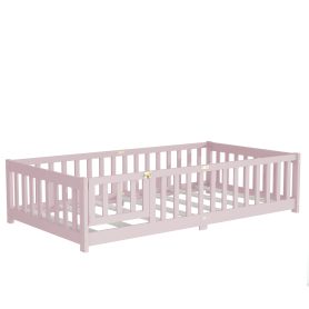 Twin Size Floor Bed with Fence, Door and Safety Guardrails