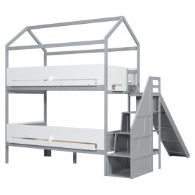 House-Shaped Wooden Bunk Bed with Slide & Storage Staircase