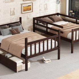 Twin Over Twin Rubber Wood Bunk Bed With 2 Drawers, Ladder And Safety Guardrails 51 Twin Over Twin Rubber Wood Bunk Bed With 2 Drawers, Ladder And Safety Guardrails