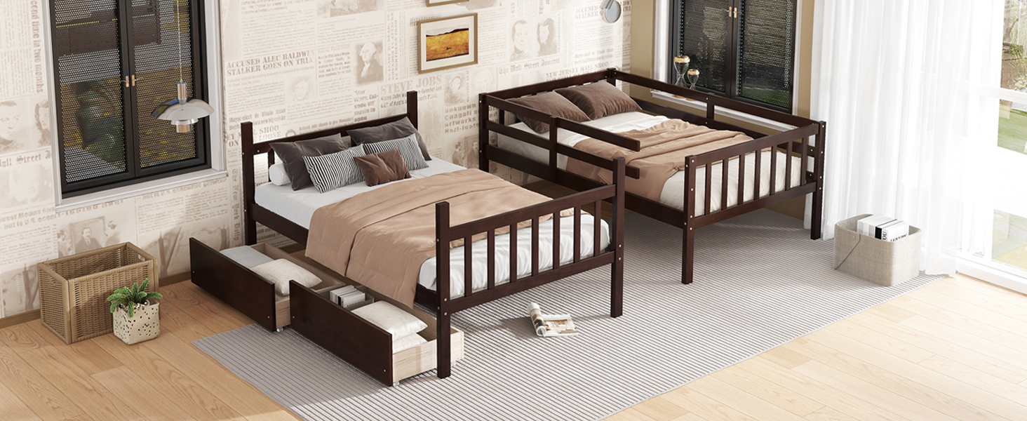 Twin Over Twin Rubber Wood Bunk Bed With 2 Drawers, Ladder And Safety Guardrails 24 Twin Over Twin Rubber Wood Bunk Bed With 2 Drawers, Ladder And Safety Guardrails