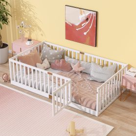 Twin Size Floor Bed with High Fence Railings