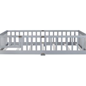 Rubber Wood Full Size Floor Bed With Fence, Door,  and Guardrails