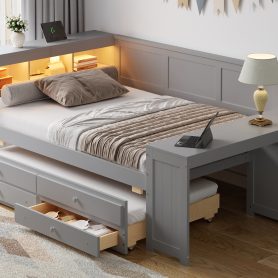 Full Size Daybed With Storage Shelves, Drawers, Trundle, Charging Station, LED Light, Desk And Cabinet