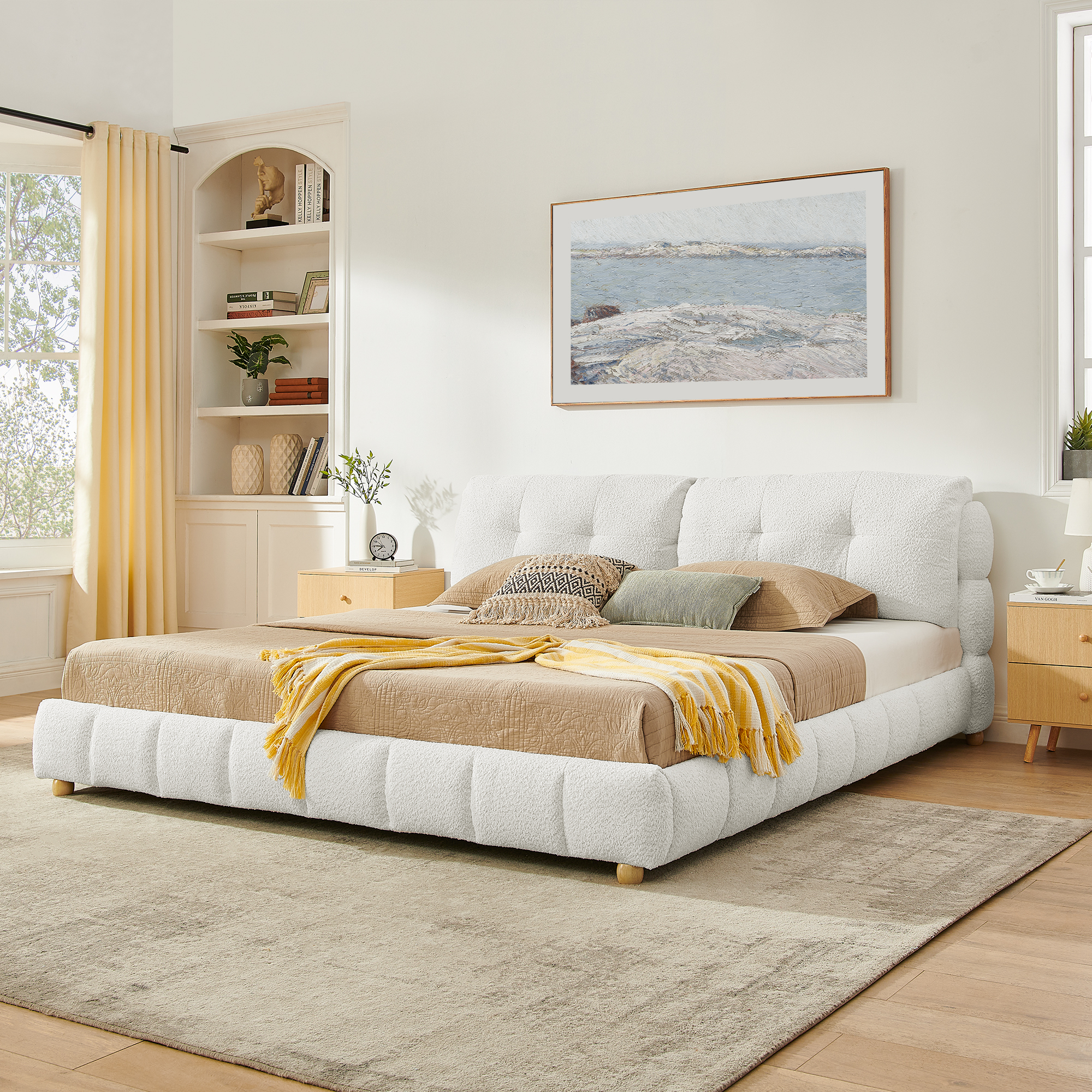 King Cream Style Bouclé Fabric Platform Bed 3 King Cream Style Bouclé Fabric Platform Bed