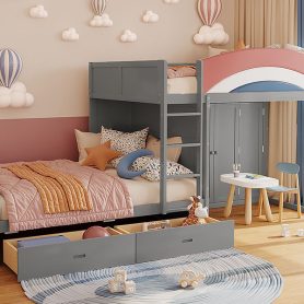 Full Size Offset Bunk Bed with Wardrobe & Drawers, Upholstered Guardrail, Built-in Hanging Rod