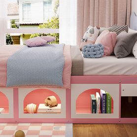 Queen Size Wooden Platform Bed with Bookshelf, Display Cabinet, LED Light and Drawer