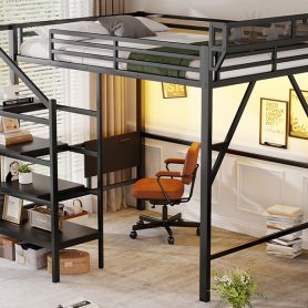 Metal Queen Size Loft Bed With Foldable Desk,Light Strip, Staircase Storage And Charging Station