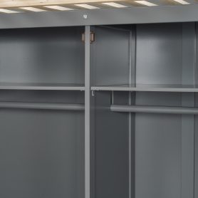 Full Size Offset Bunk Bed with Wardrobe & Drawers, Upholstered Guardrail, Built-in Hanging Rod