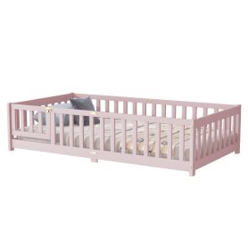 Twin Size Floor Bed with Fence, Door and Safety Guardrails