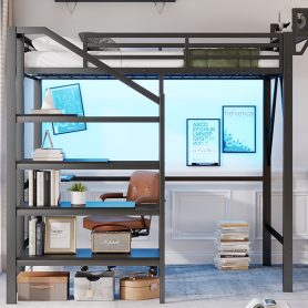 Metal Full Size Loft Bed With Foldable Desk,Light Strip, Staircase Storage And Charging Station