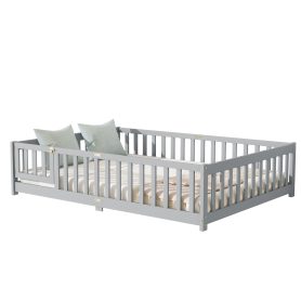 Rubber Wood Full Size Floor Bed With Fence, Door,  and Guardrails