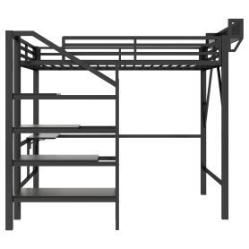 Metal Queen Size Loft Bed With Foldable Desk,Light Strip, Staircase Storage And Charging Station