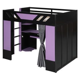 Full Size Wood Loft Bed with Shelves, Blackout Curtains and RGB Lights