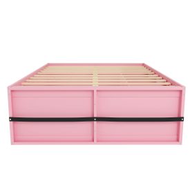 Queen Size Wooden Platform Bed with Bookshelf, Display Cabinet, LED Light and Drawer