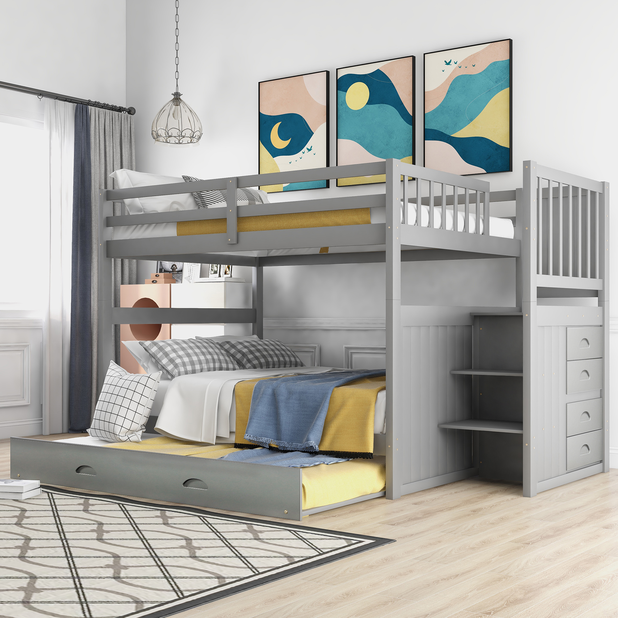 Full Over Full Bunk Bed With Twin Size Trundle and Staircase