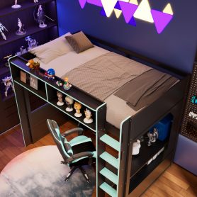 Twin Size Gaming Loft Bed with Integrated Desk, Lights and Built-in Charging Station