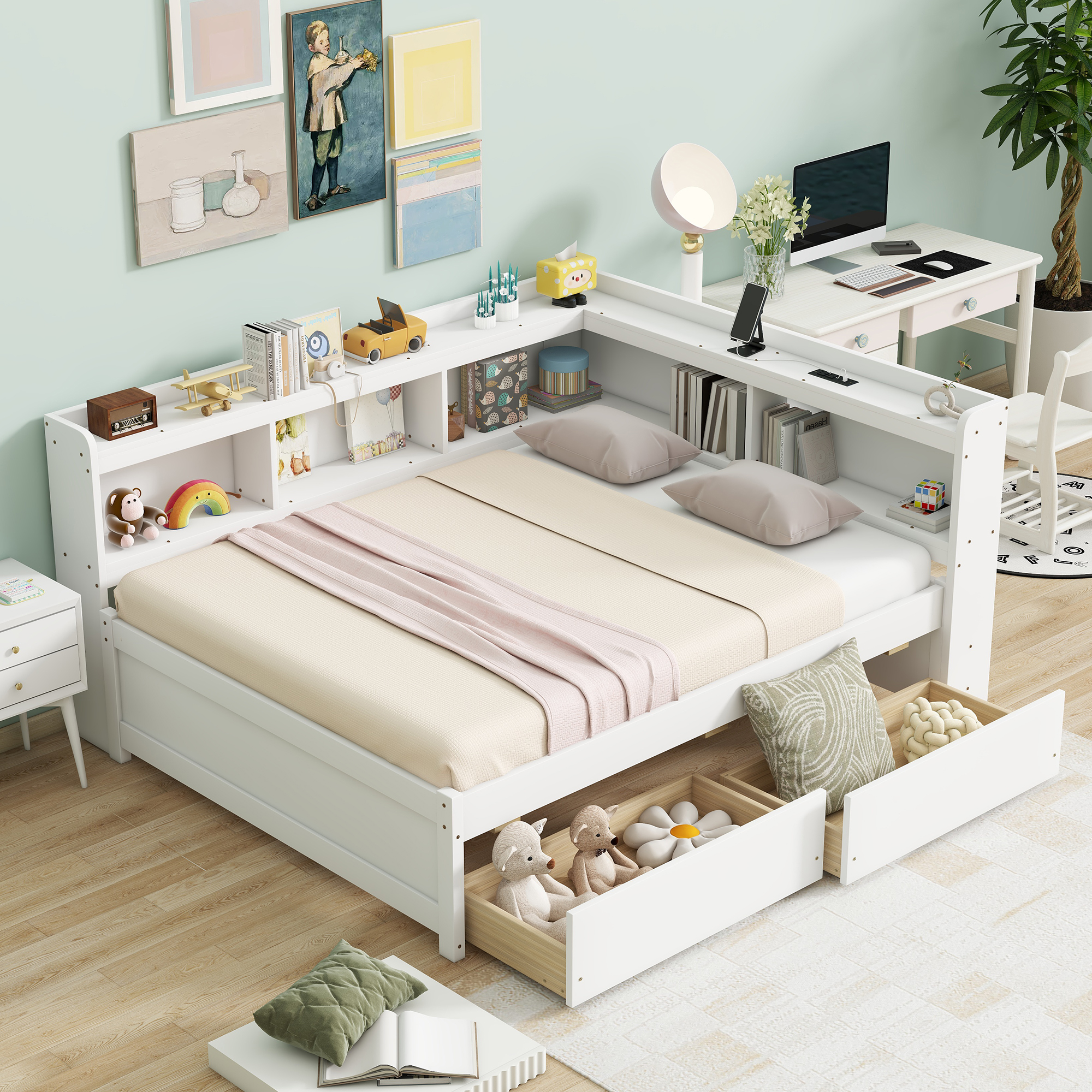 Full Size L-shaped Bookcases Bed with Power Outlets, USB Charging Ports,Two Drawers