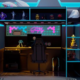 Full Size Gaming Loft Bed with Integrated Desk, Lights and Built-in Charging Station