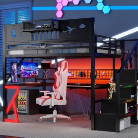 Metal Full Size Loft Bed With Stairs, High Guardrails And Beside Storage Shelf