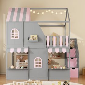 Full Over Full House Bunk Bed with Storage Staircase & Shelves