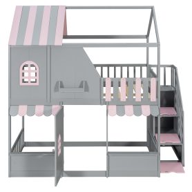 Full Over Full House Bunk Bed with Storage Staircase & Shelves