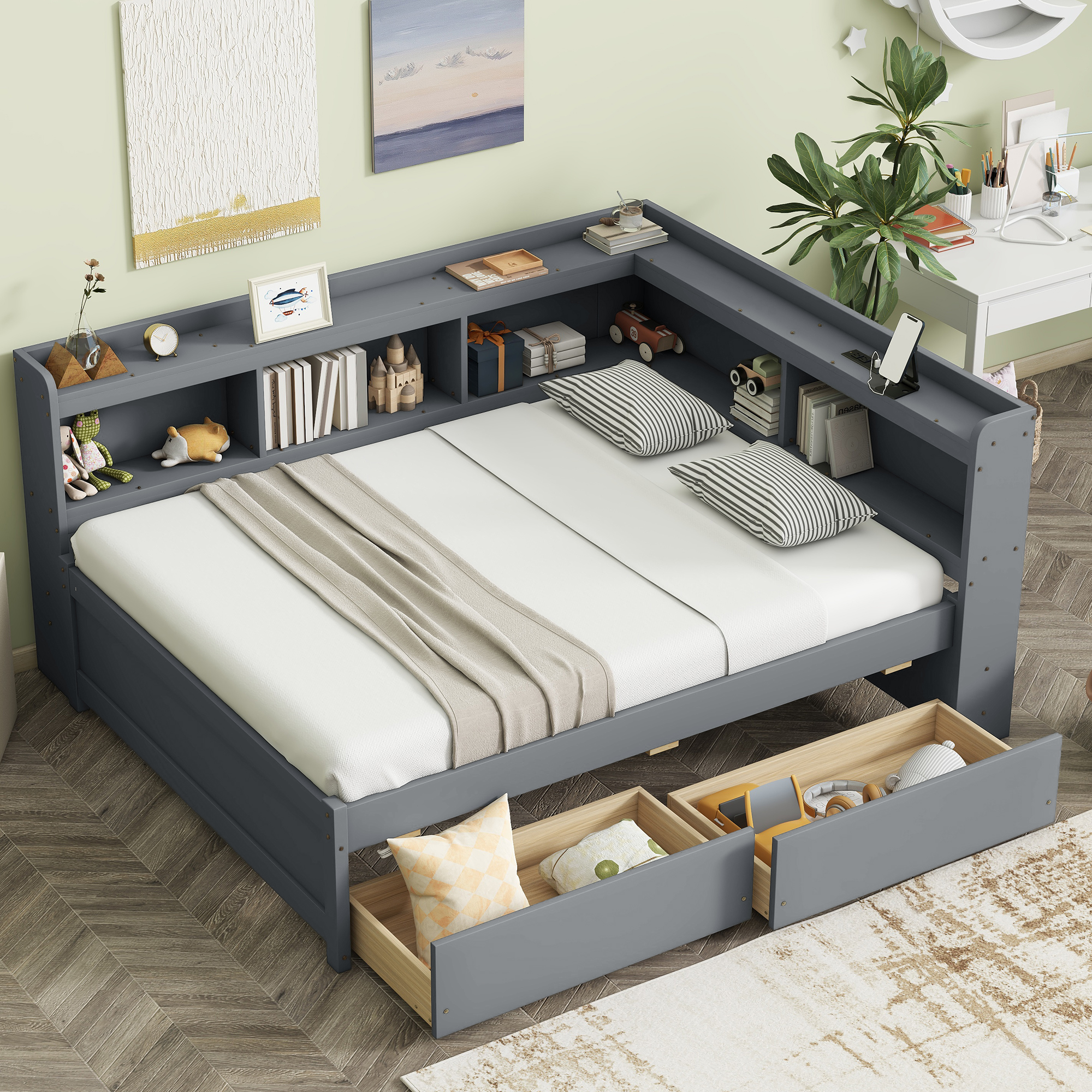 Full Size L-shaped Bookcases Bed with Power Outlets, USB Charging Ports,Two Drawers