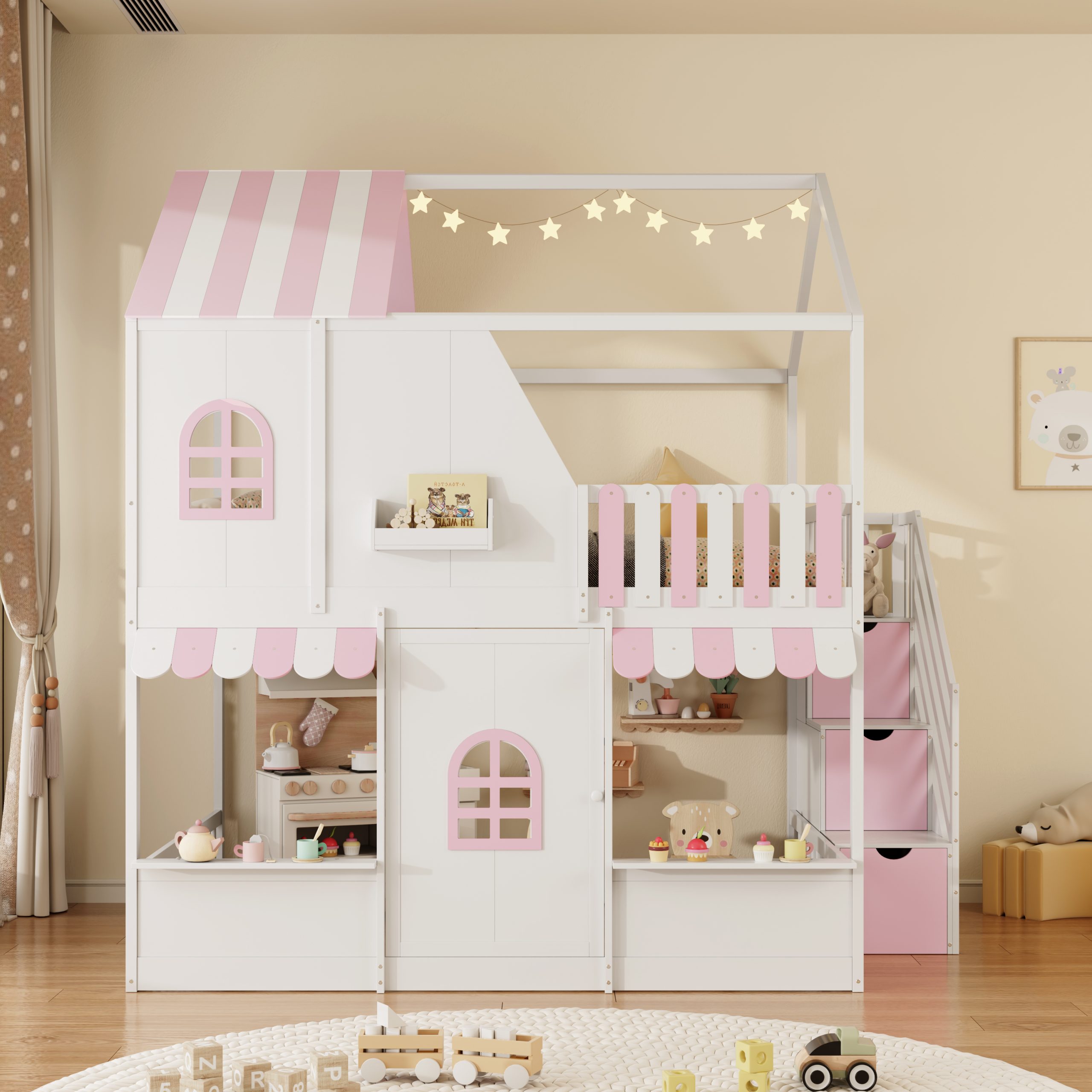 Full Over Full House Bunk Bed with Storage Staircase & Shelves