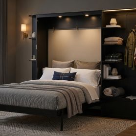 Queen Murphy Bed with Storage & Lights, Hidden Fold-Out Legs, Oak Veneer Finish, Built-in Shelves & Cabinets