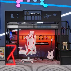 Metal Full Size Loft Bed With Stairs, High Guardrails And Beside Storage Shelf