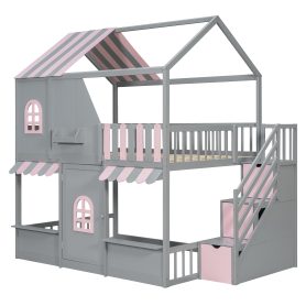 Full Over Full House Bunk Bed with Storage Staircase & Shelves