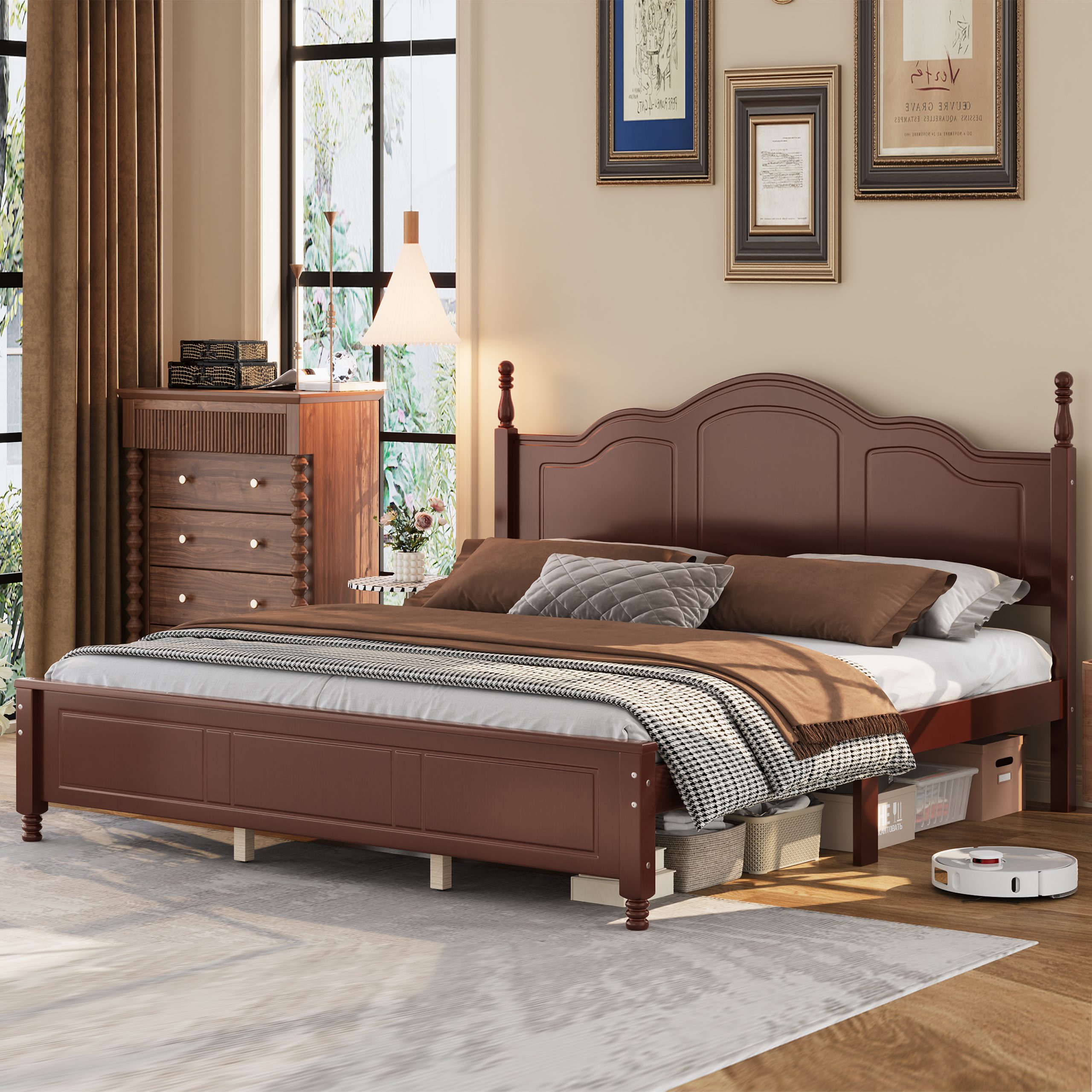 King Size Platform Bed Frame with Retro Wave Headboard