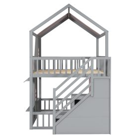 Full Over Full House Bunk Bed with Storage Staircase & Shelves